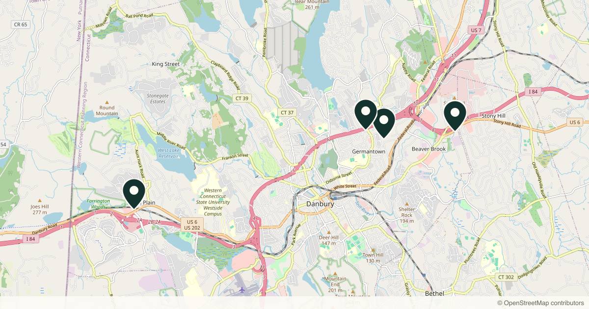 Map of 6 plastic surgery practices in Danbury, Connecticut