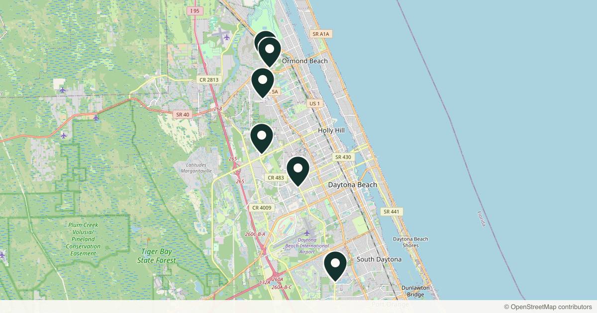 Map of 7 plastic surgery practices in Daytona Beach, Florida