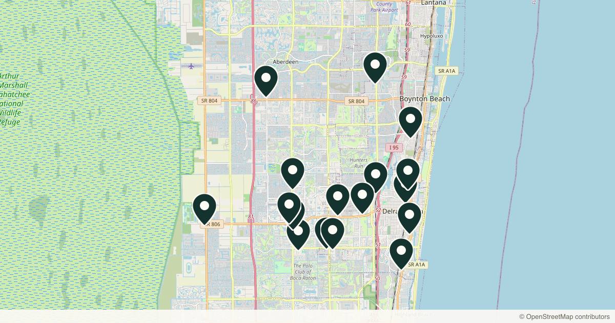 Map of 18 dermatology practices in Delray Beach, Florida