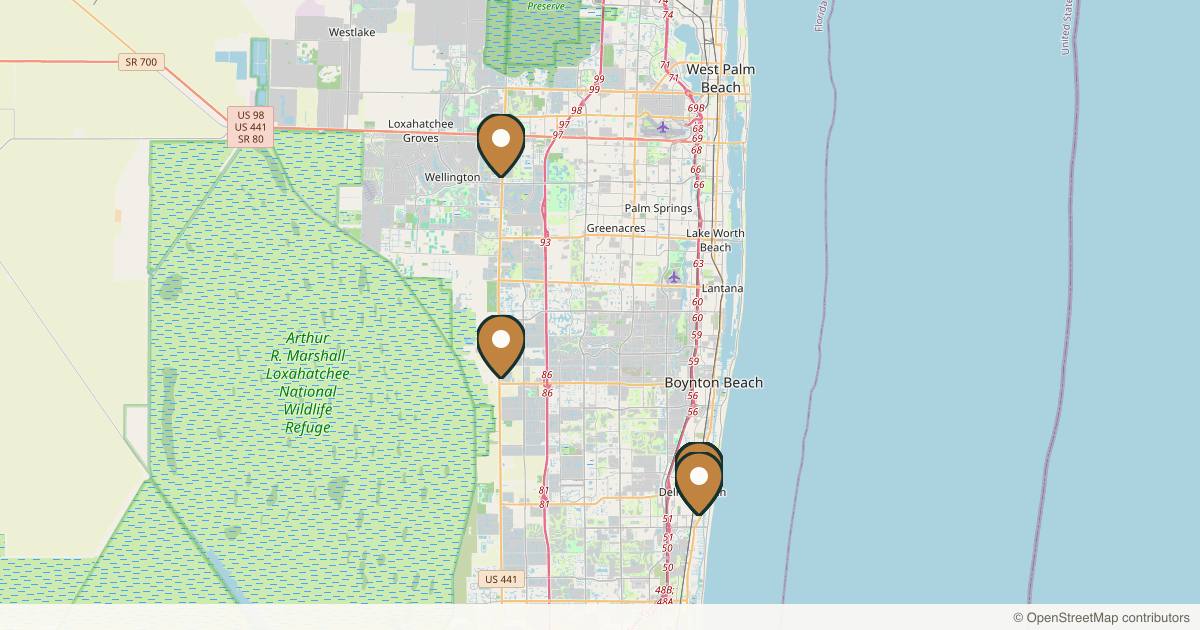 Map of 10 plastic surgery practices in Delray Beach, Florida