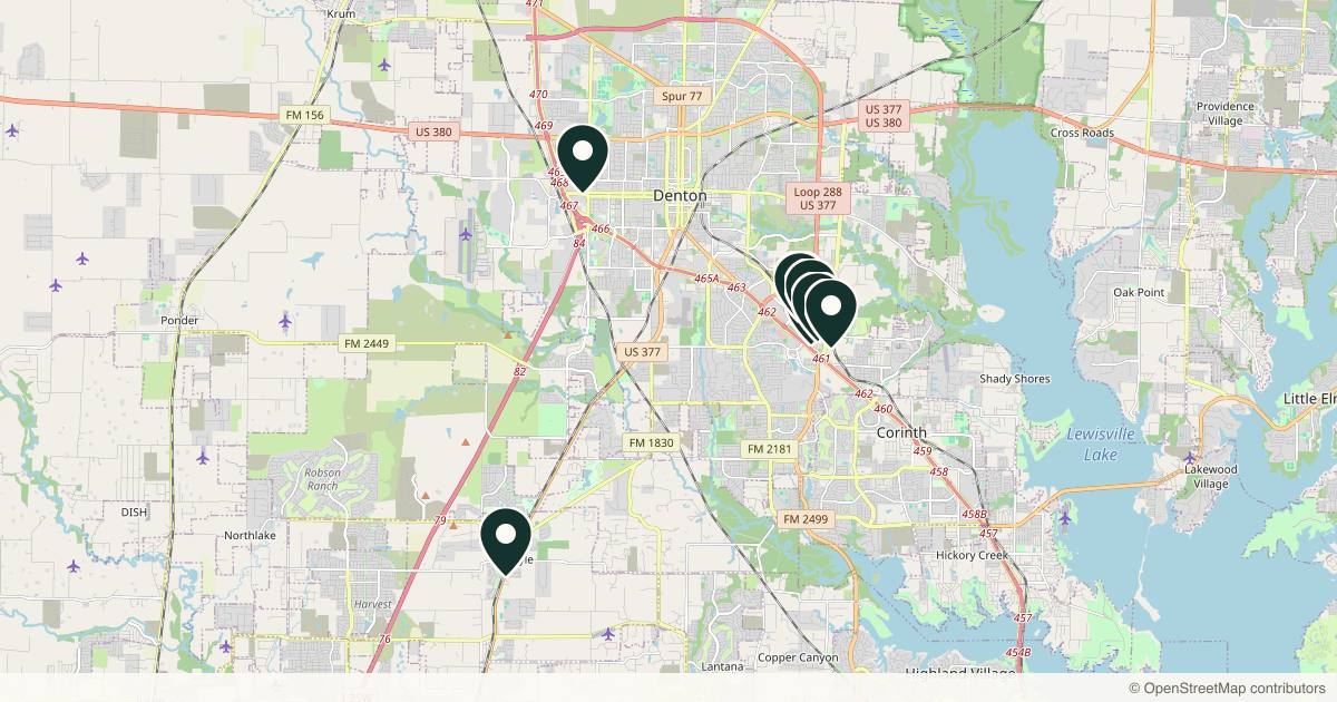 Map of 8 plastic surgery practices in Denton, Texas