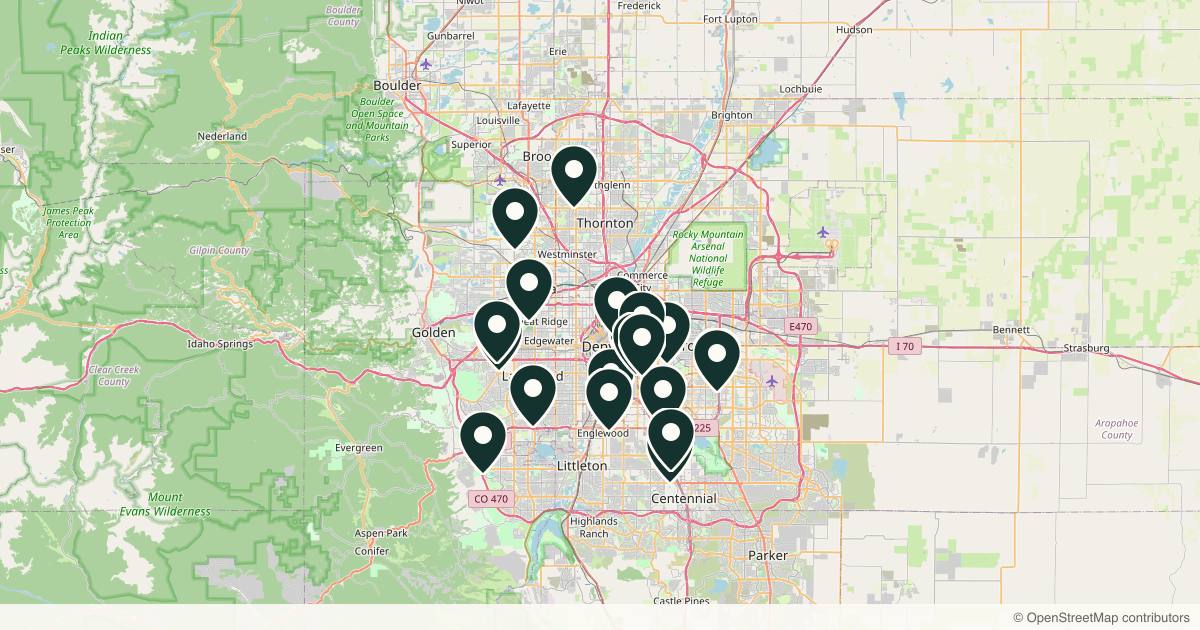 Map of 23 dermatology practices in Denver, Colorado