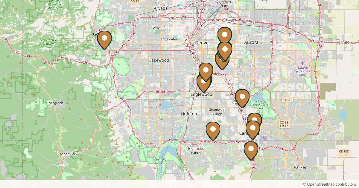 Map of 35 plastic surgery practices in Denver, Colorado