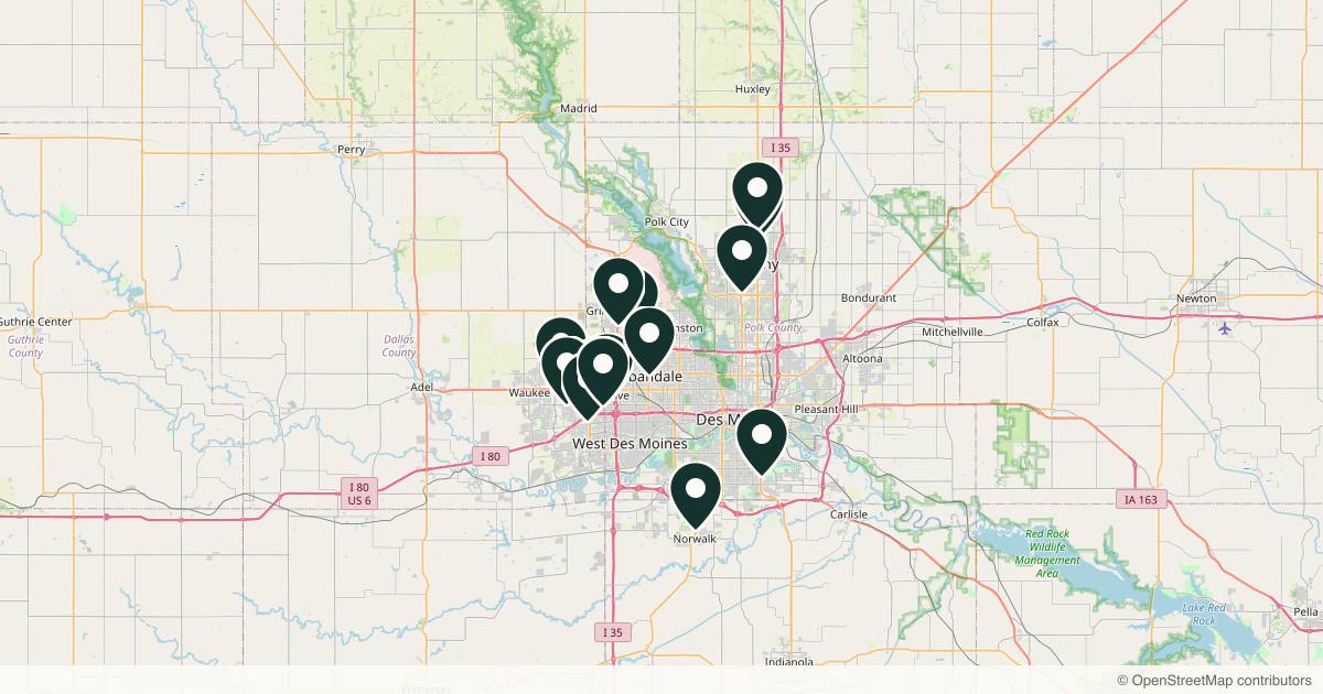 Map of 15 dermatology practices in Des Moines, Iowa