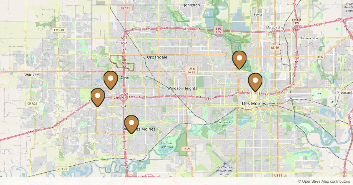 Map of 7 plastic surgery practices in Des Moines, Iowa