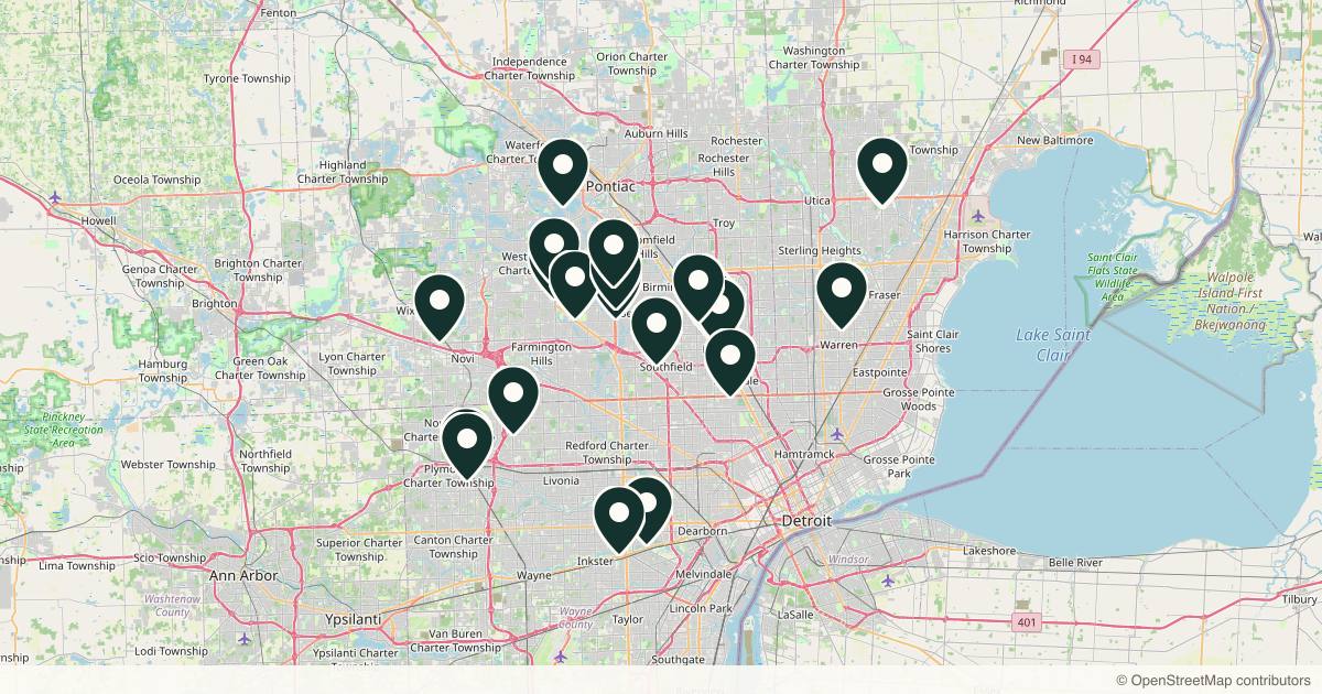 Map of 28 dermatology practices in Detroit, Michigan