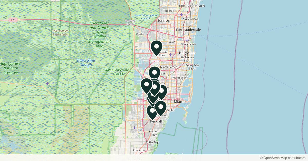 Map of 10 plastic surgery practices in Doral, Florida