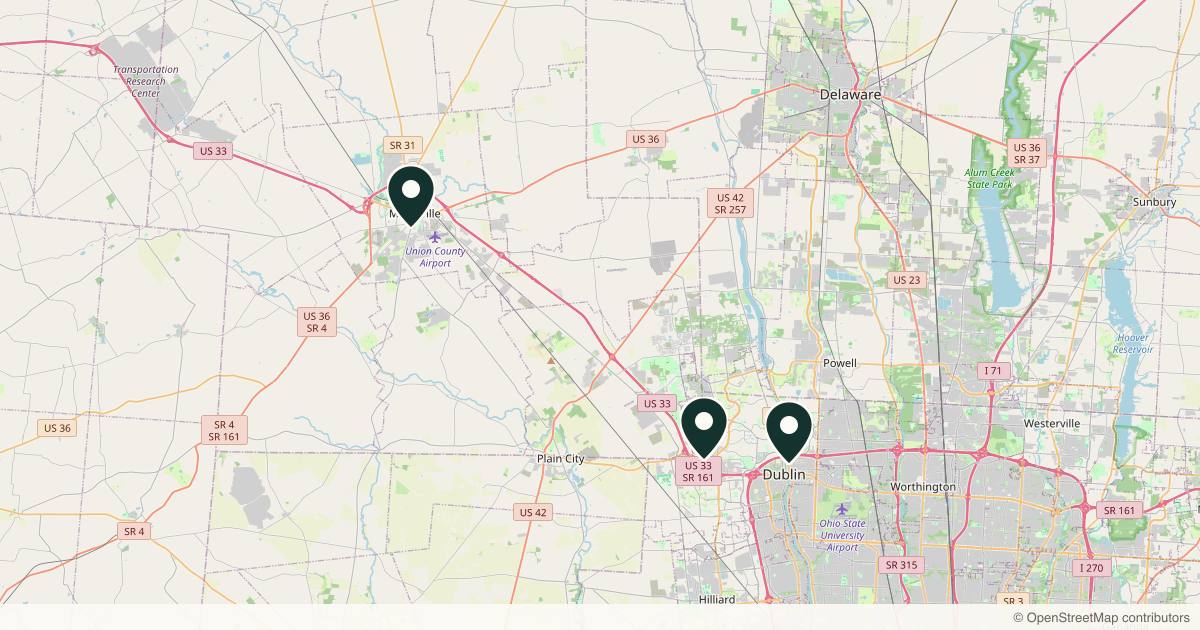 Map of 3 plastic surgery practices in Dublin, Ohio