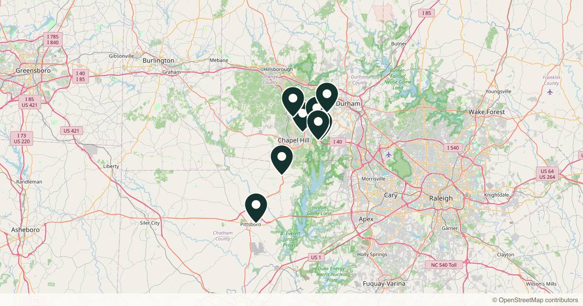 Map of 8 dermatology practices in Durham, North Carolina