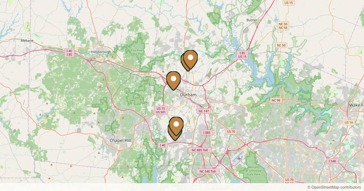 Map of 5 plastic surgery practices in Durham, North Carolina