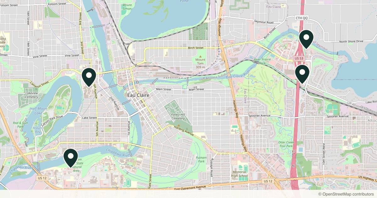 Map of 4 plastic surgery practices in Eau Claire, Wisconsin