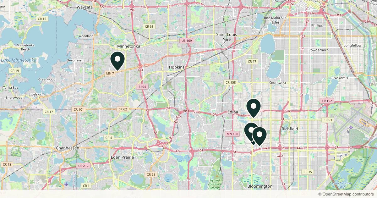 Map of 6 plastic surgery practices in Edina, Minnesota