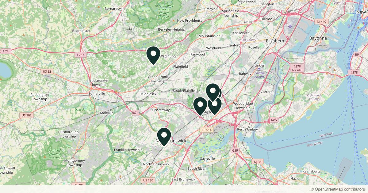 Map of 7 plastic surgery practices in Edison, New Jersey