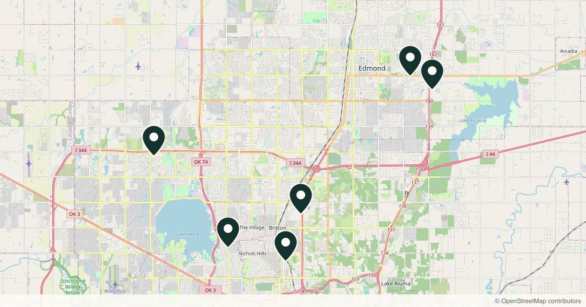 Map of 7 plastic surgery practices in Edmond, Oklahoma