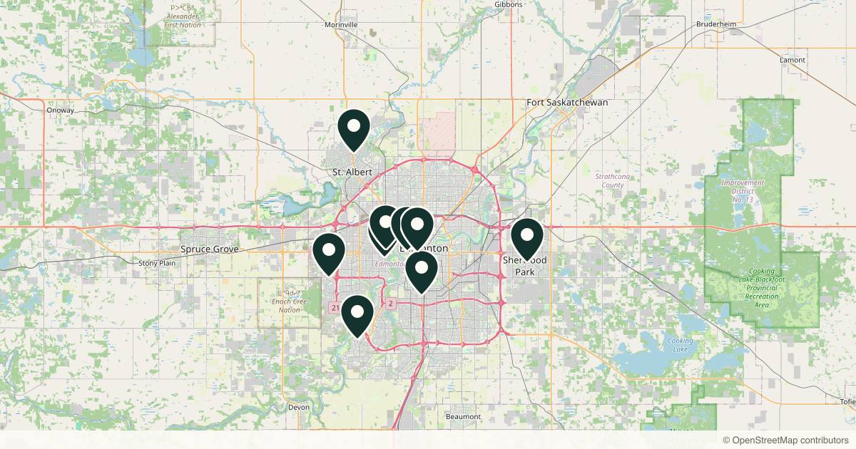 Map of 10 dermatology practices in Edmonton, Alberta