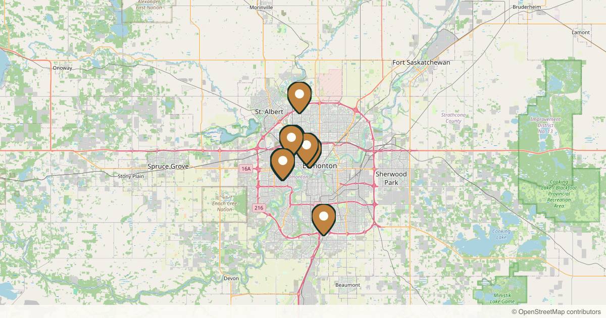 Map of 10 plastic surgery practices in Edmonton, Alberta