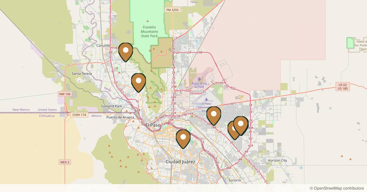Map of 10 plastic surgery practices in El Paso, Texas