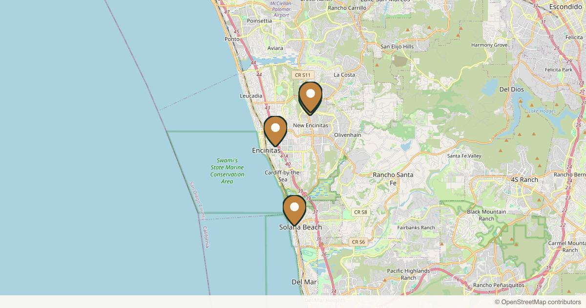 Map of 4 plastic surgery practices in Encinitas, California