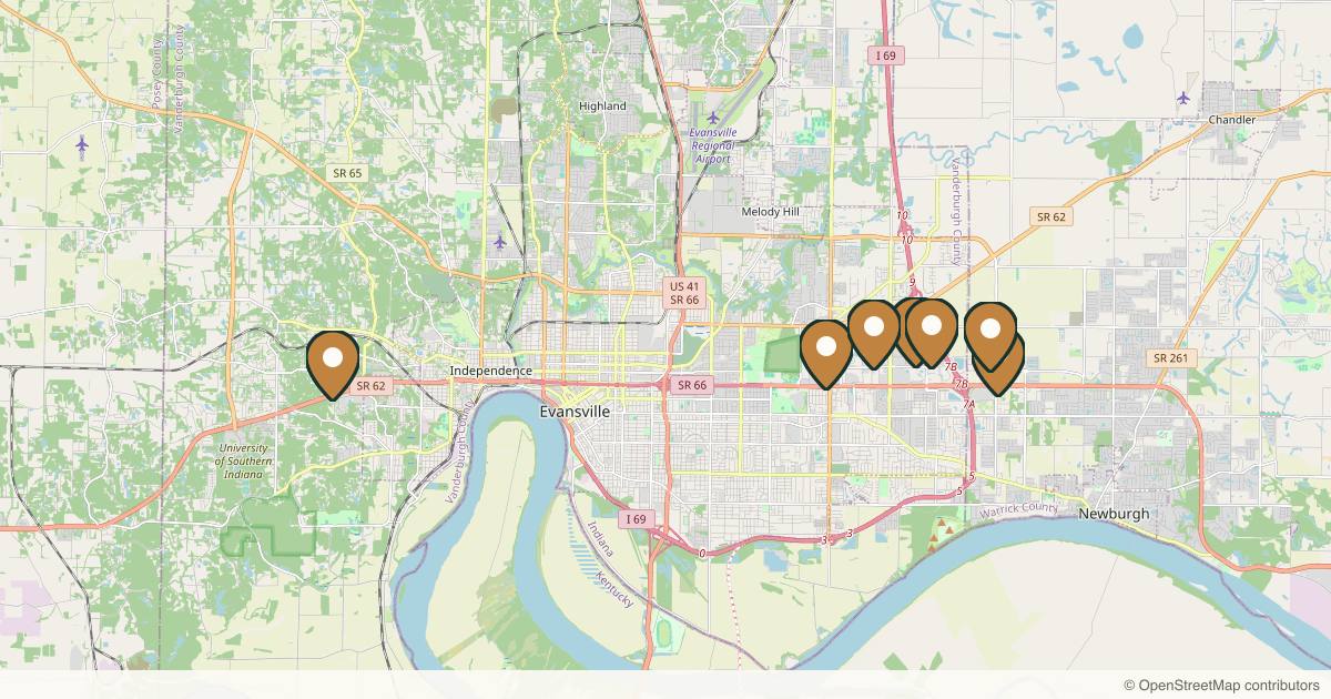 Map of 8 plastic surgery practices in Evansville, Indiana
