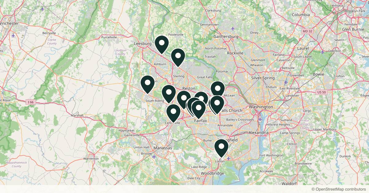 Map of 18 dermatology practices in Fairfax, Virginia