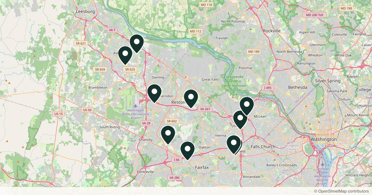Map of 10 plastic surgery practices in Fairfax, Virginia