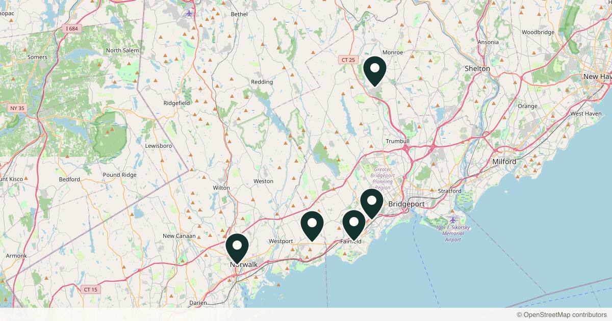 Map of 6 plastic surgery practices in Fairfield, Connecticut