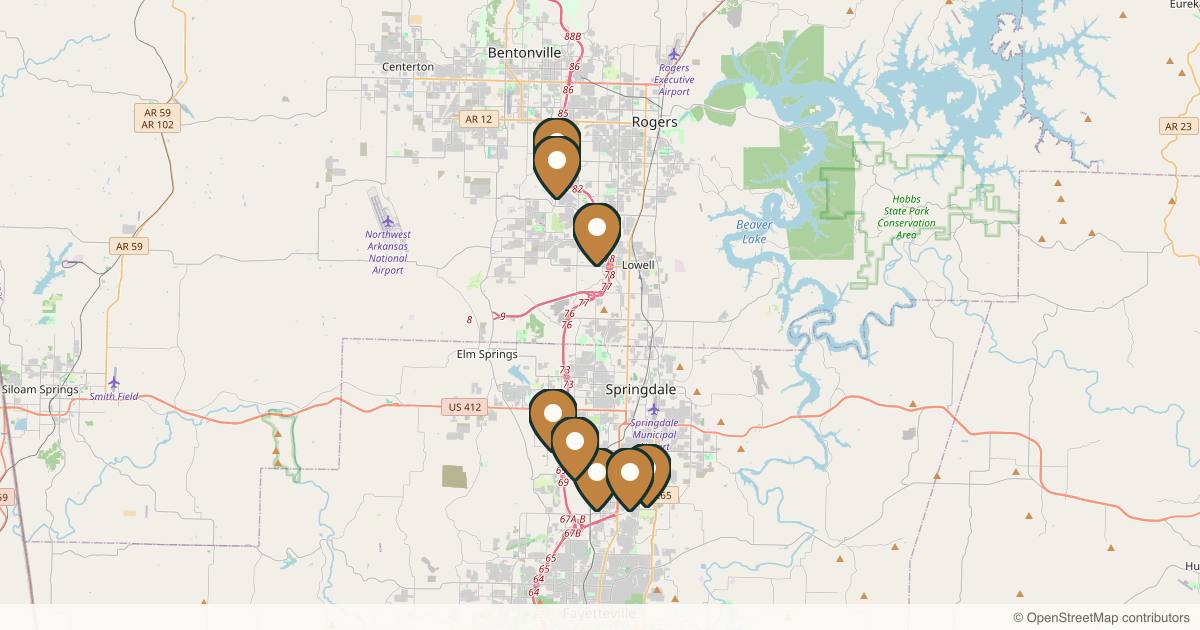 Map of 9 plastic surgery practices in Fayetteville, Arkansas