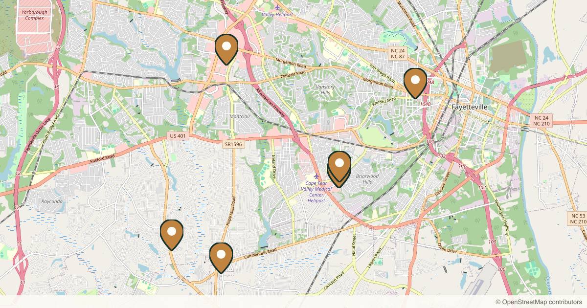 Map of 8 plastic surgery practices in Fayetteville, North Carolina