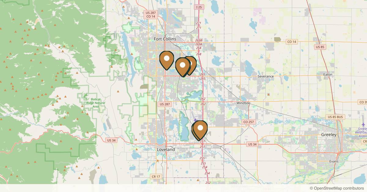 Map of 7 plastic surgery practices in Fort Collins, Colorado