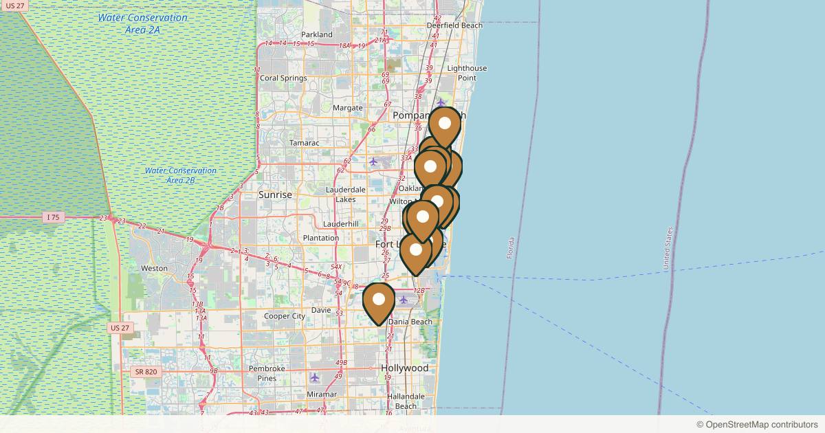 Map of 16 plastic surgery practices in Fort Lauderdale, Florida