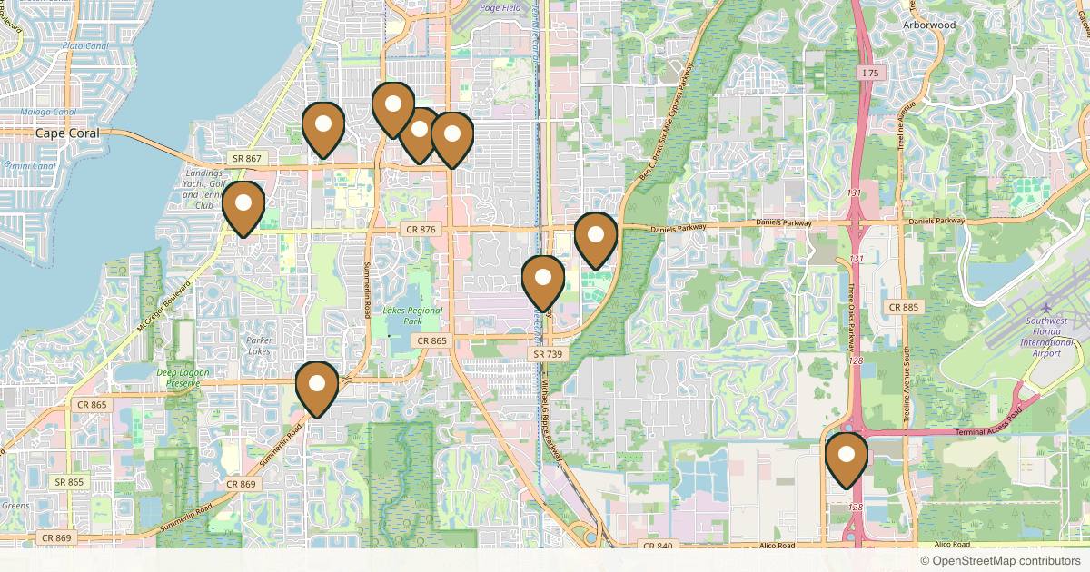Map of 10 plastic surgery practices in Fort Myers, Florida