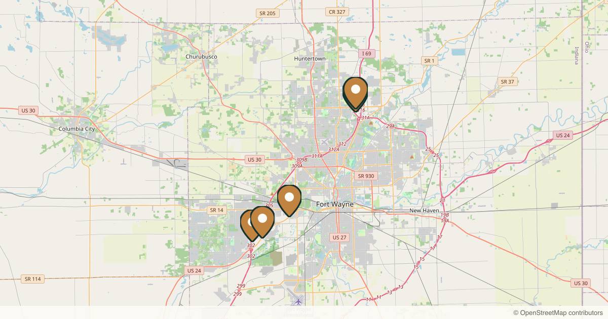 Map of 7 plastic surgery practices in Fort Wayne, Indiana