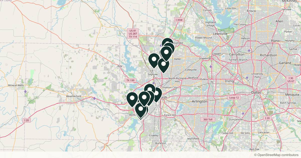 Map of 20 dermatology practices in Fort Worth, Texas