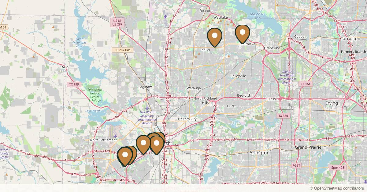 Map of 15 plastic surgery practices in Fort Worth, Texas