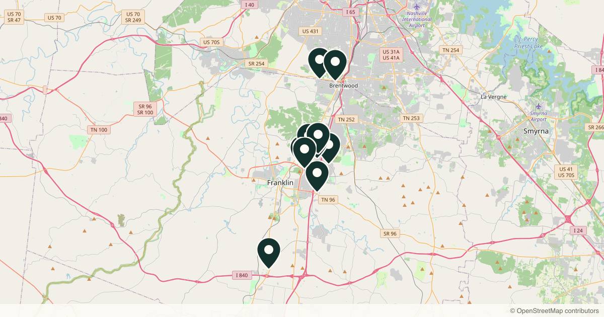 Map of 10 dermatology practices in Franklin, Tennessee