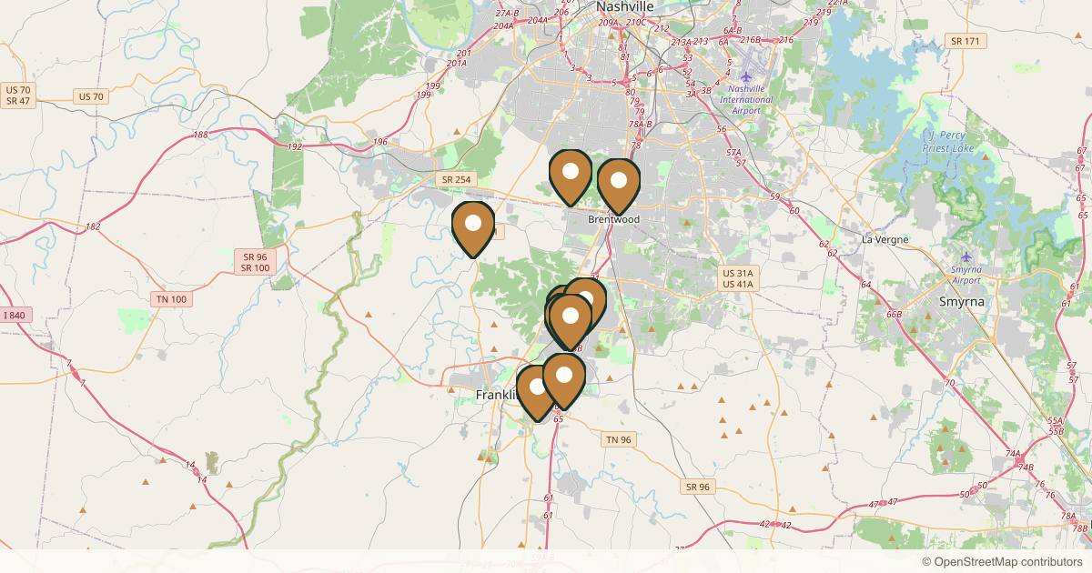 Map of 10 plastic surgery practices in Franklin, Tennessee