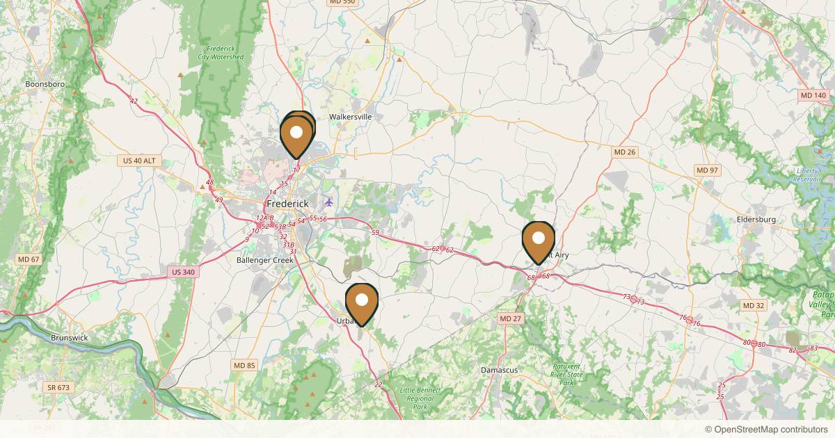 Map of 6 plastic surgery practices in Frederick, Maryland
