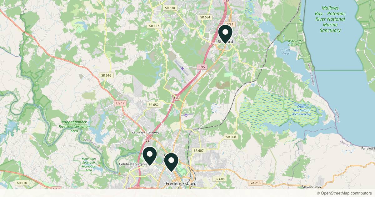Map of 6 plastic surgery practices in Fredericksburg, Virginia