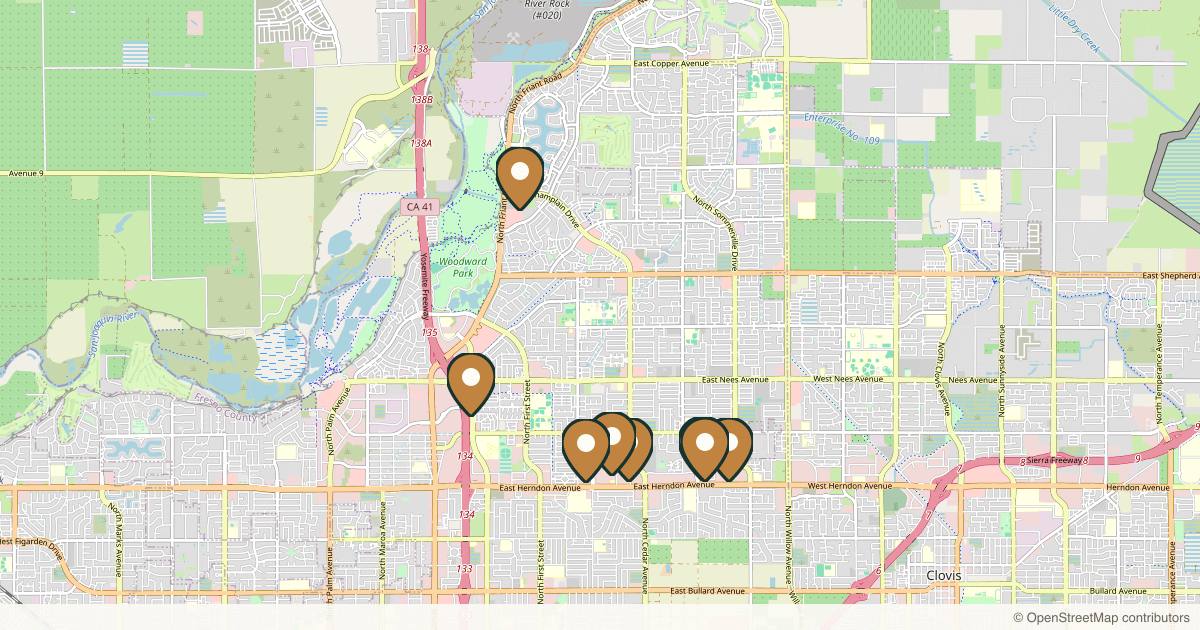 Map of 8 plastic surgery practices in Fresno, California