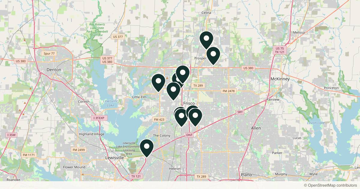 Map of 12 dermatology practices in Frisco, Texas