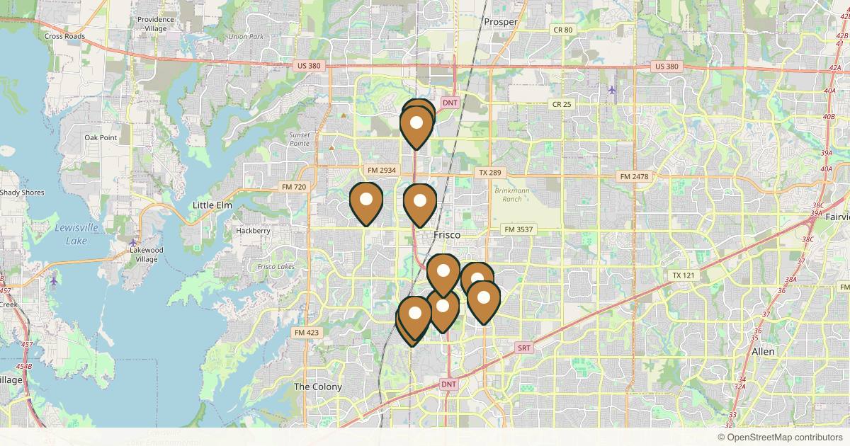 Map of 10 plastic surgery practices in Frisco, Texas