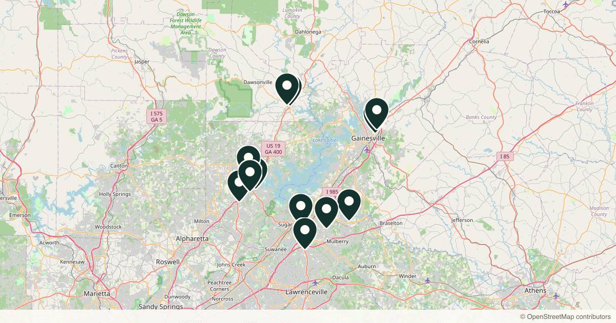 Map of 15 dermatology practices in Gainesville, Georgia