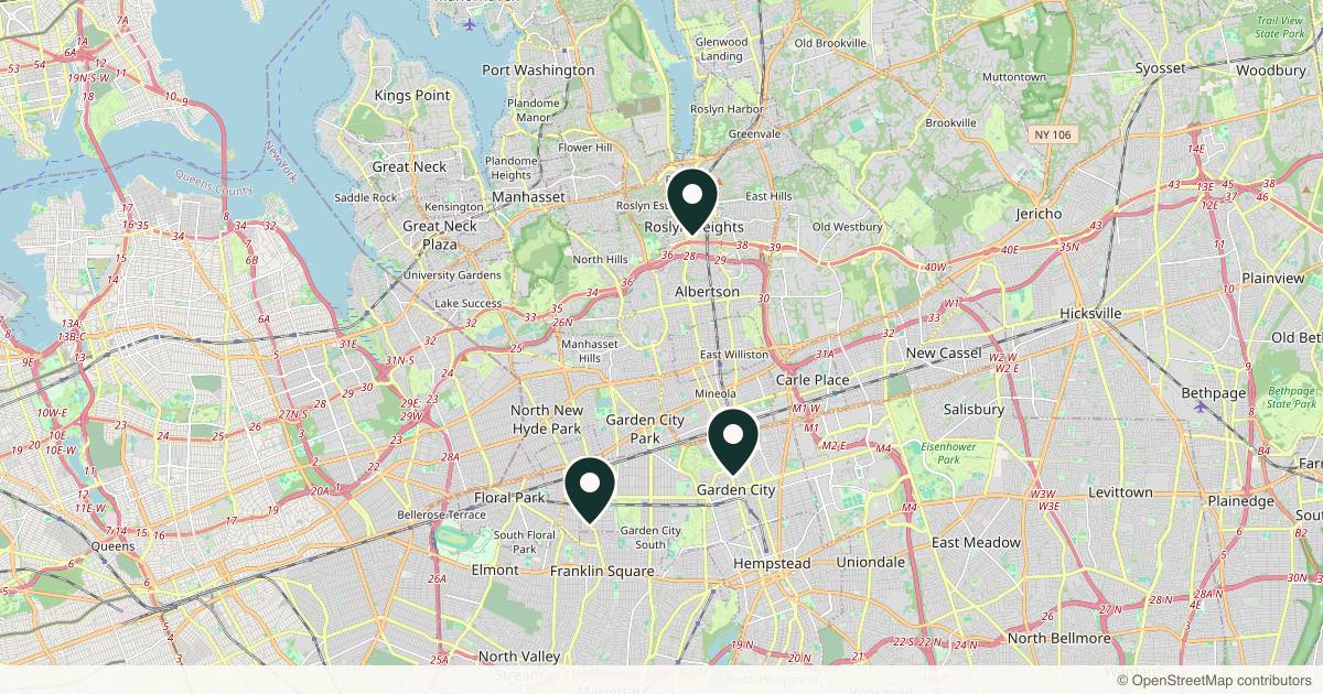 Map of 10 plastic surgery practices in Garden City, New York