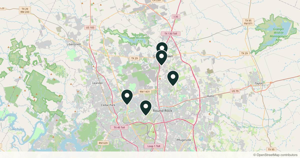 Map of 5 plastic surgery practices in Georgetown, Texas