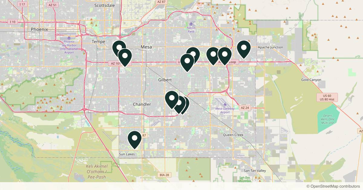 Map of 11 dermatology practices in Gilbert, Arizona