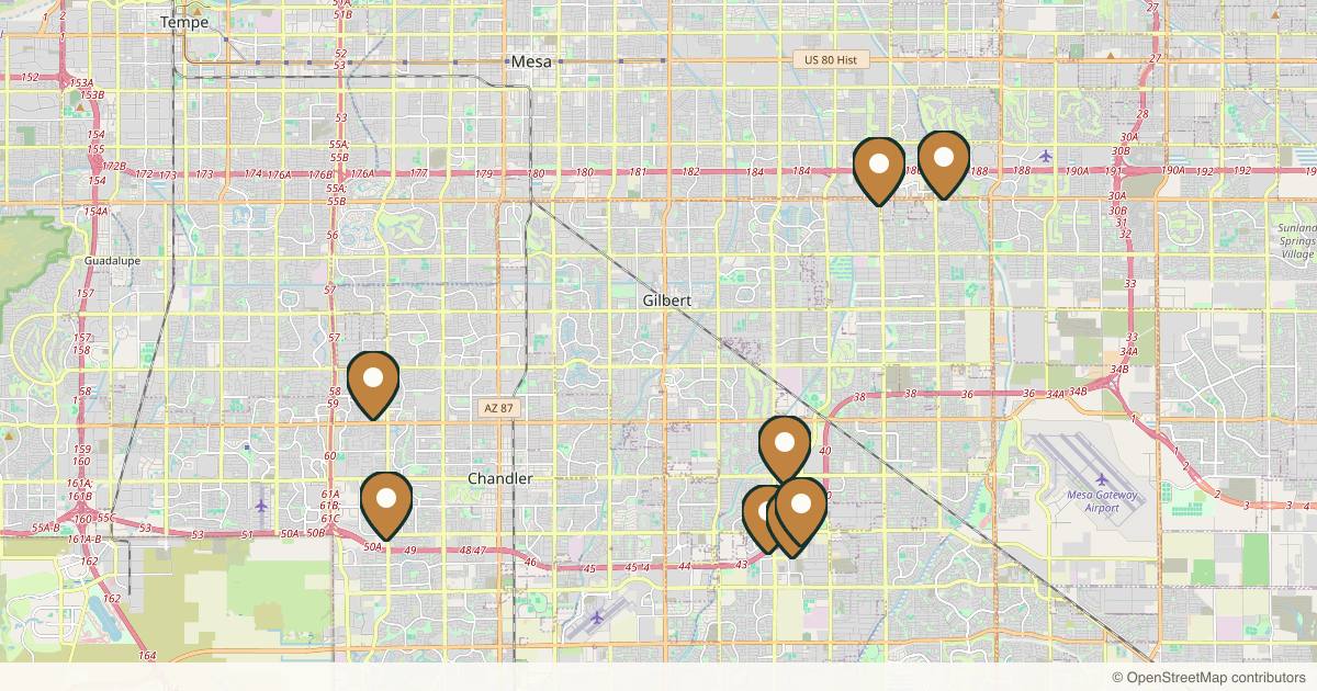 Map of 10 plastic surgery practices in Gilbert, Arizona