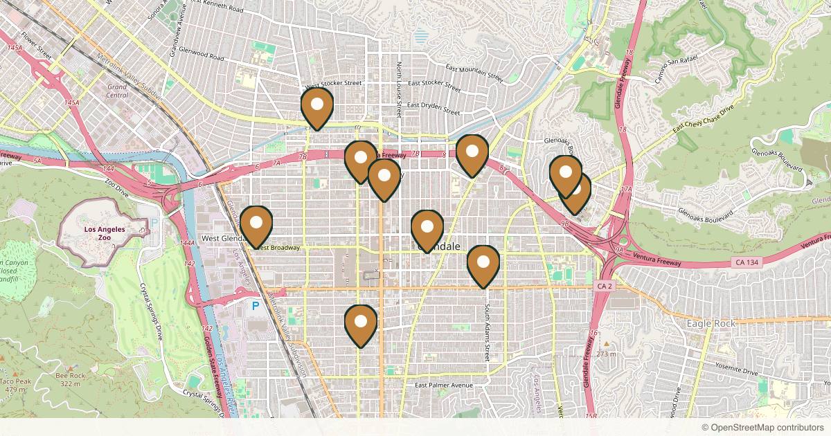 Map of 10 plastic surgery practices in Glendale, California