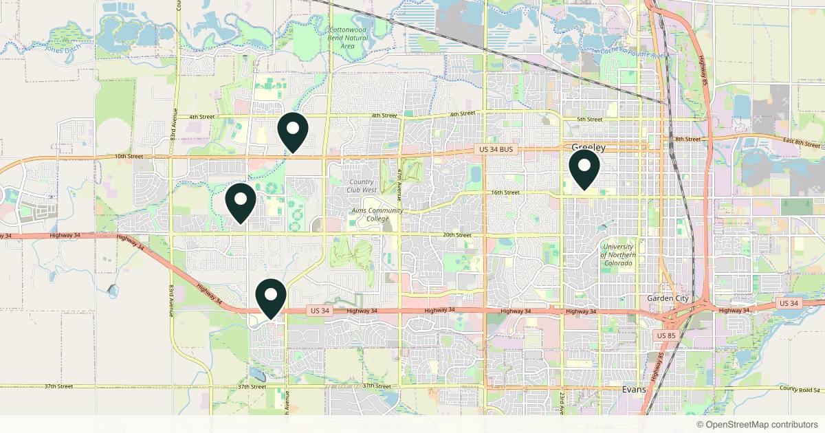 Map of 4 plastic surgery practices in Greeley, Colorado