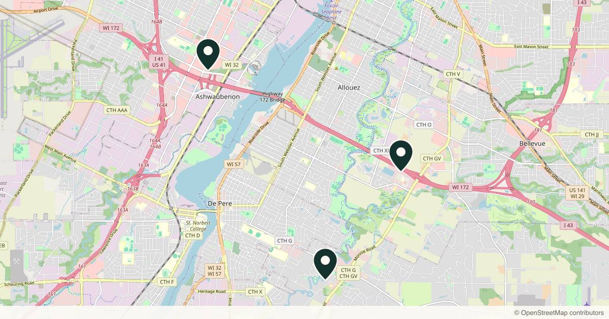 Map of 7 plastic surgery practices in Green Bay, Wisconsin