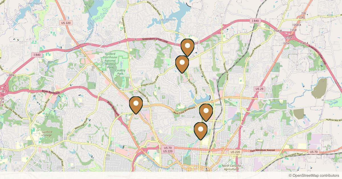 Map of 5 plastic surgery practices in Greensboro, North Carolina